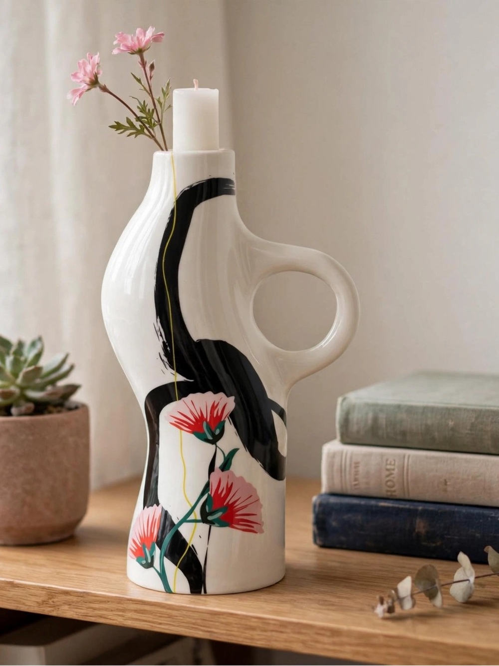 Rachel Joanis x OUI Abstract Floral Ceramic Jug Candle Holder Vase w Handle